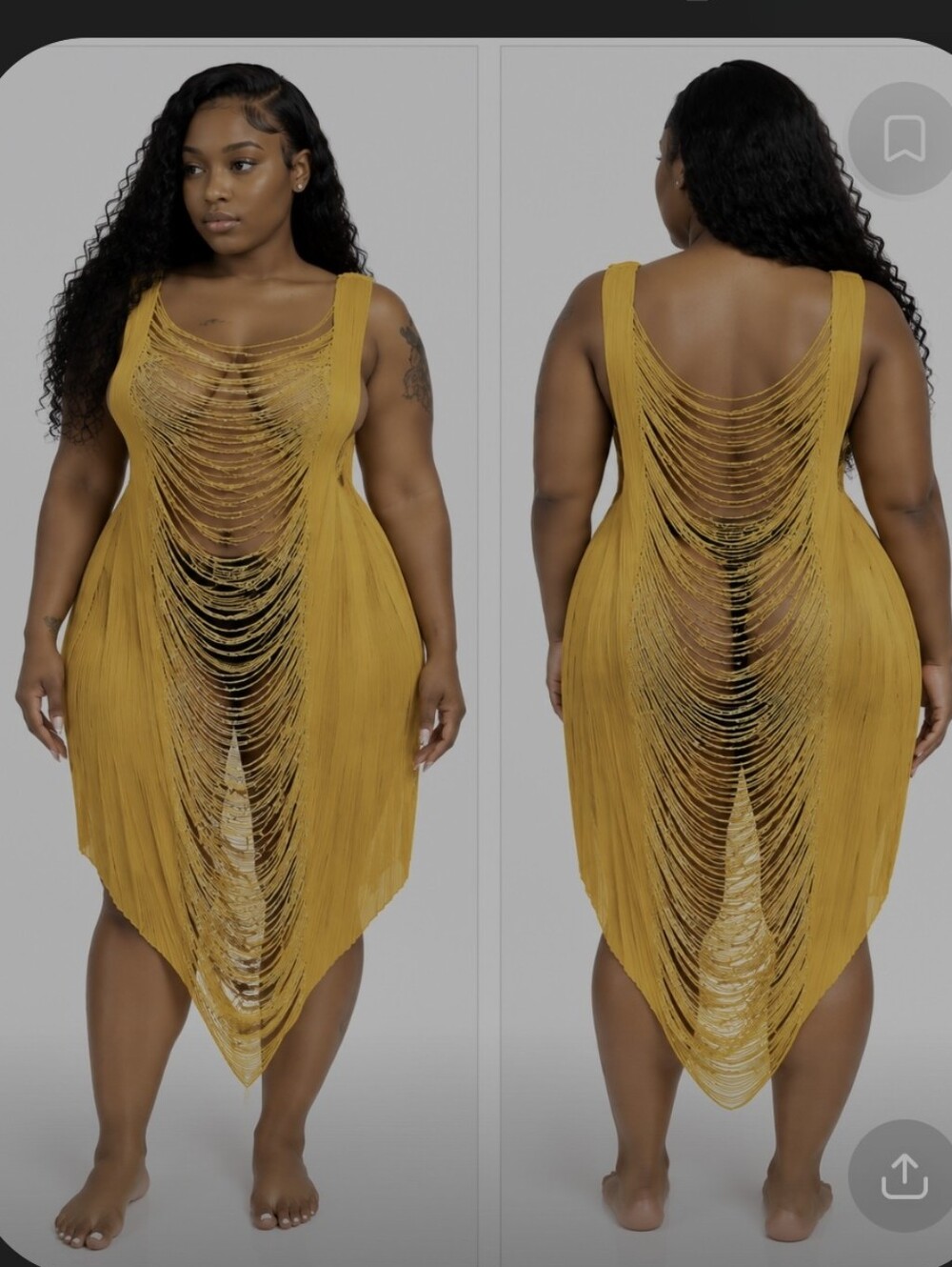 Plus Size Mustard Fringe Sheer Dress